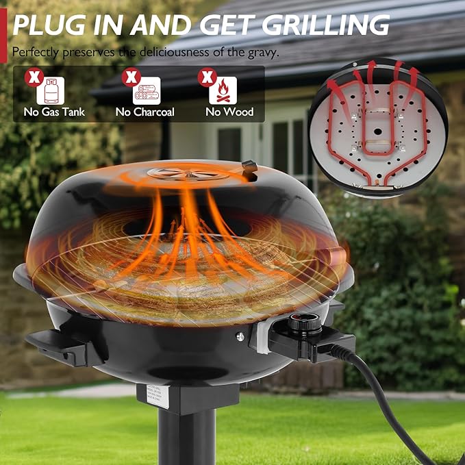Outvita Indoor/Outdoor Electric Grill 1600W Portable Removable Stand Grill with Double Layer Design for BBQ Patio &amp Backyard (Black)