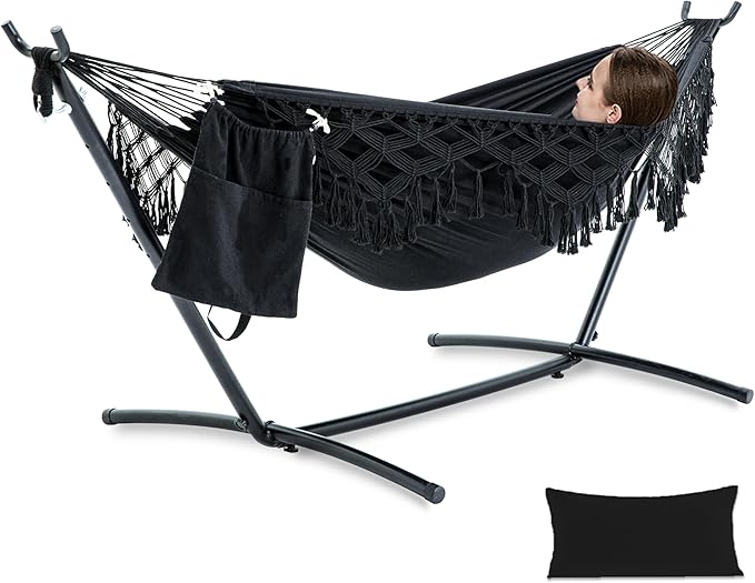PNAEUT Handmade Tassel Hammocks Double Hammock with Stand for Outside Indoor Outdoor Max 450 lbs Capacity Pillow &amp Storage Bag Included (Black)