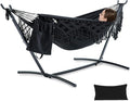 PNAEUT Handmade Tassel Hammocks Double Hammock with Stand for Outside Indoor Outdoor Max 450 lbs Capacity Pillow &amp Storage Bag Included (Black)
