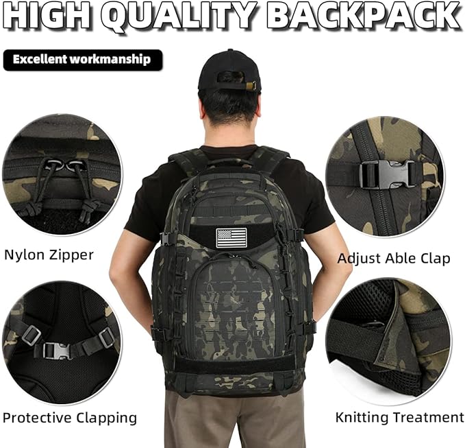25L/45L Tactical Backpack Military Tactical Backpack Heavy Duty Molle Assault Pack for Work Gym Outdoors (2.0 45L-Black Camo Large)