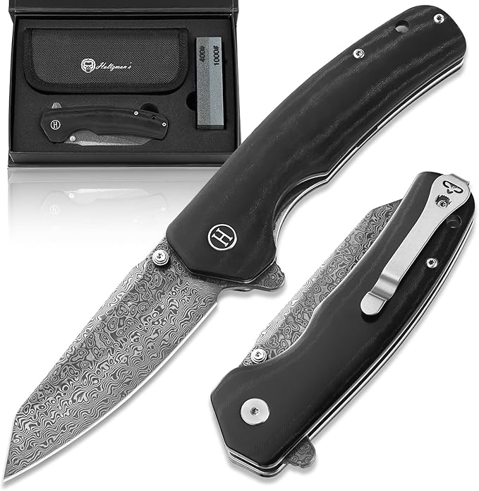 Clip Point Folding Knife with G10 Tactical Handle Damascus Steel Blade Gift Box Set - Ideal for Everyday Carry - Holtzman's Gorilla Survival