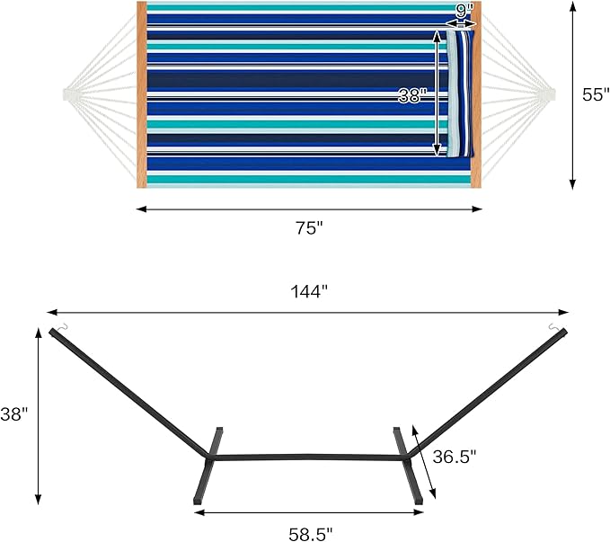 Homgava Two Person Hammock with Stand for Outside Heavy Duty Outdoor Patio Hammock with Portable Steel Stand Large Double Hammocks480lbs Capacity.(Blue Stripes)