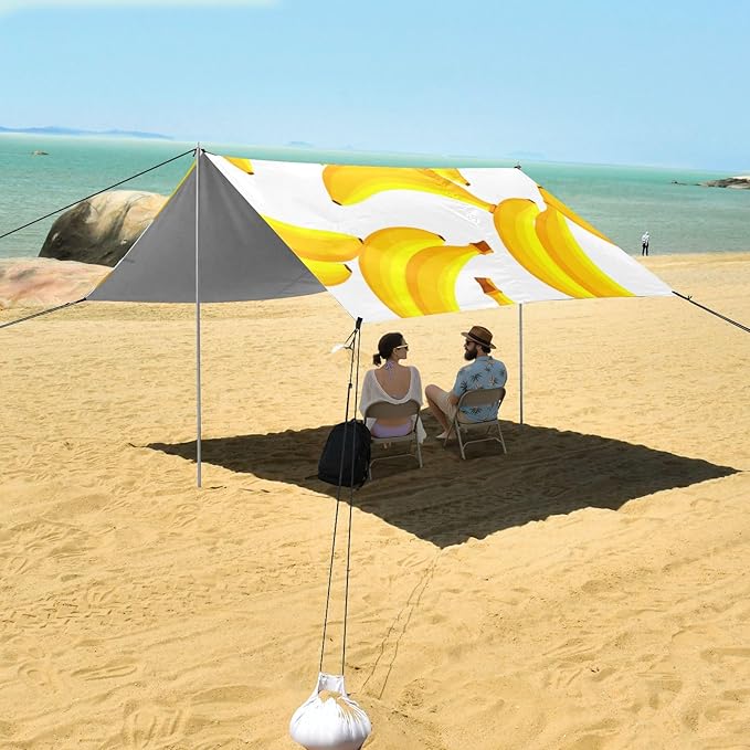 Beach Canopy with Windproof Ropes &amp Sandbags Beach Tent Sun Shade Sun Shelter for Camping Trips Fishing Backyard Fun or Picnics Banana