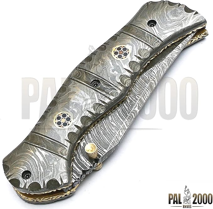PAL 2000 KNIVES FPK-9020 Custom Handmade Damascus Steel 7.4 Inch Folding Pocket Knife Damascus Handle with Sheath