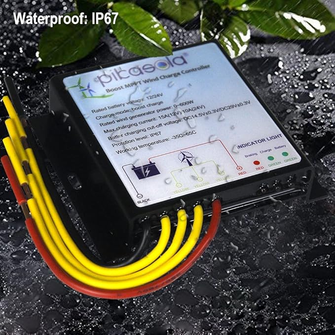 Pikasola MPPT Wind Turbine Charge Controller 12V/24V Auto Match IP67 Waterproof Suitable for 400W/600W Wind Turbine
