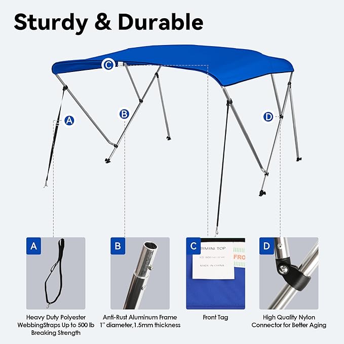 Deckpro 3 Bow / 4Bow Boat Bimini Tops 600D Solution Dyed Polyester Canopy with 1 Aluminum Alloy Frame Boat Canopy Waterproof and Sun Shade Includes Storage Boot 2 Support Poles 2 Straps