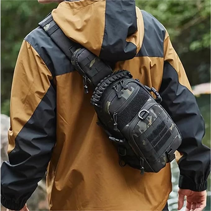 Men's Fishing Chest Bag Tactical Sports Shoulder Fanny Pack Camping Cycling MOLLE Sling Bags EDC(BKCamo)