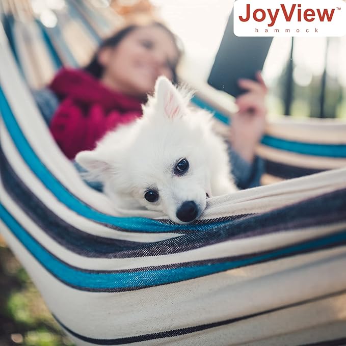 JoyView Brazilian Hammock for Single Person - Portable Cotton Hammock with Hanging Ropes &amp Carry Bag - 78.8x39.4' - 300LBS Capacity - Red &amp Green Stripes