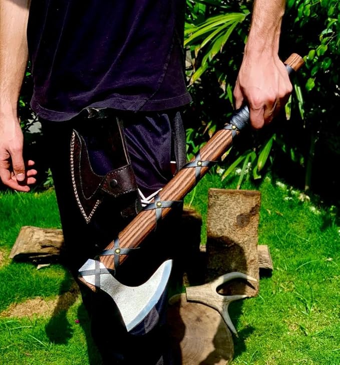 22-Inch Hand-Forged Viking Axe with Sheath Hatchet with Sheath Gift for Men Survival Axe Viking Bearded Camping Axe Ragnar Lothbrok Axe Viking Knives Best Gift Axe (Brown)