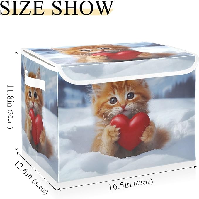 AIXIWAWA Lidded Storage Cube (Cat with Heart) Fabric Foldable Closet Bins with Flip Lid and Handles Organizer Basket Container 16.5 x 12.6 x 11.8 IN