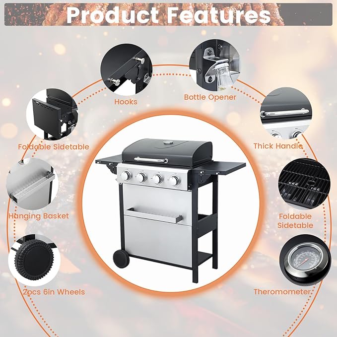 4-Burner Propane Gas BBQ Grill 34200BTU Stainless Steel Barbecue Grill With Wire Enamel Cooking Grids Foldable Side Table for Outdoor Camping (Style11: 4 Burner)