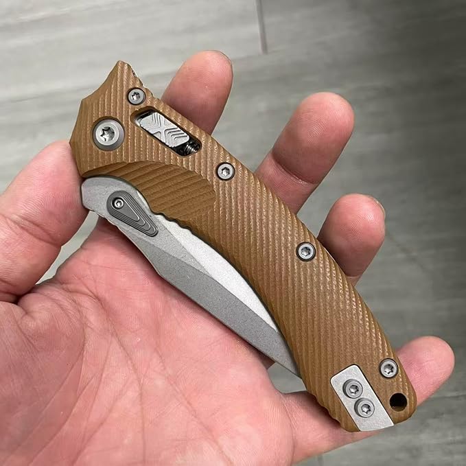Outdoor Folding Pocket Knife with 3.9 M390 Stonewashed Blade Desert G10 Handle Crossbar-Lock Mechanism for Camping Hiking Survival EDC