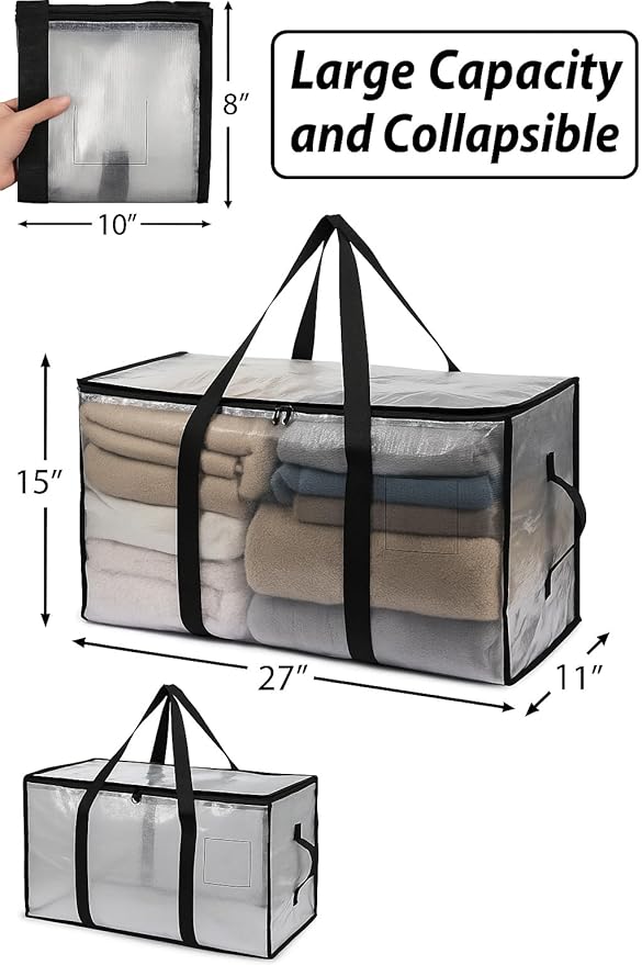 Heavy Duty Clear Tote Bag for Storage &amp Organization – Extra Large Durable Zippered Storage Bin with Reinforced Handles – for Home Travel &amp Garage Use (X-Large 6.0 Count)