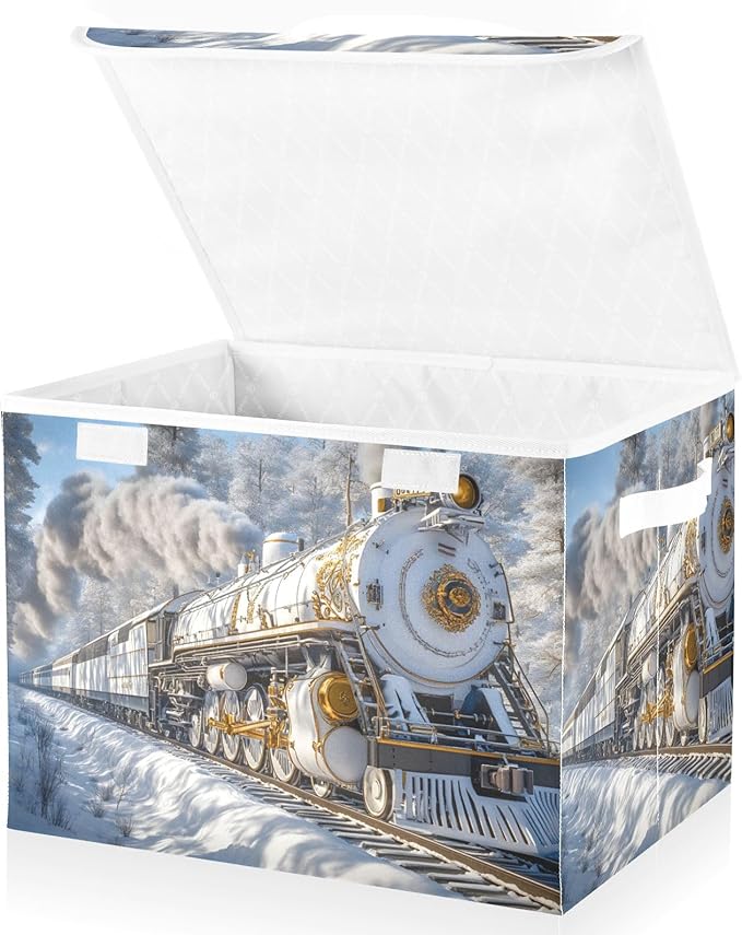 Storage Cube with Lid Luxurious Train Print 16.5×12.6×11.8 IN Collapsible Large Capacity Foldable Storage Basket Bin Organizer