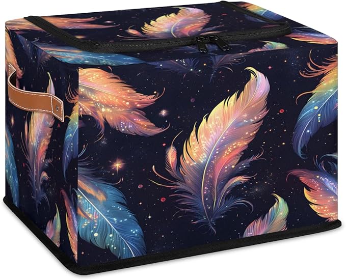 Boho Feather Storage Box with Lid Colorful Feathers Collapsible Storage Bins Baskets Cubes Closet Shelf Clothes Organizer Containers with PU Leather Handles