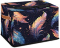 Boho Feather Storage Box with Lid Colorful Feathers Collapsible Storage Bins Baskets Cubes Closet Shelf Clothes Organizer Containers with PU Leather Handles