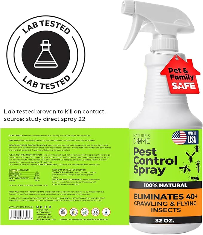 Nature’s Dome Pest Control Spray 32 Oz | 100% Natural Ant Killer &amp Bug Spray for Indoor &amp Outdoor Use | Eco-Friendly Bug Spray for Flea Ticks Ant &amp Mosquitos | Safe for Pets and Kids