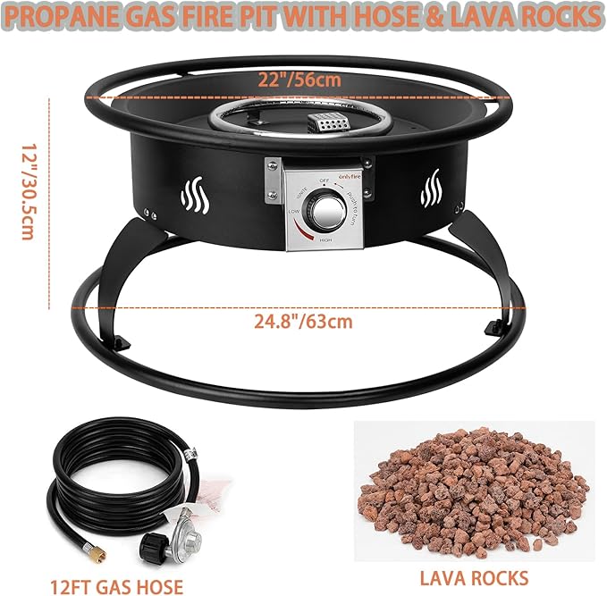 ONLYFIRE OUTDOOR LIVING Propane Gas Fire Pit 22¡± Portable Smokeless Fireplace with 12Ft Hose &amp Lava Rocks FirePit for Patio Backyard Bonfire Camping RV Tailgating Beach Party 55000BTU #FP001