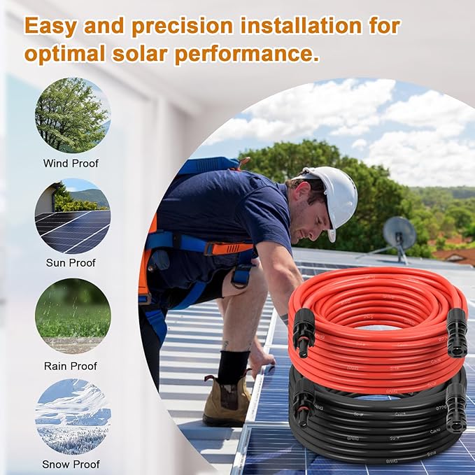 Solar Panel Extension Cable - 8AWG 20FT Solar Wire Cord 8 Gauge PV Wire with Female &amp Male Waterproof Connector for RV Photovoltaic Systems Home Boat Solar Panels Car(20ft Red + 20ft Black)