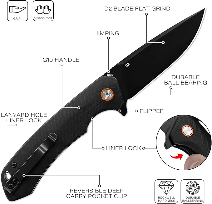 DISPATCH Black EDC Folding Knife with 3.3'' D2 Steel Blade Flipper Pocket Knife for Men Gifts Ball Bearing Liner Lock CNC G10 Handle and Reversible Clip for Tactical Camping Hiking and Everyday C