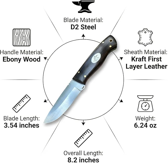 3.54 inches Bowie Knife Full-tang D2 Steel Fixed Blade Ebony Wood Handle Hunting Knife with Leather for Camping Hiking Survival