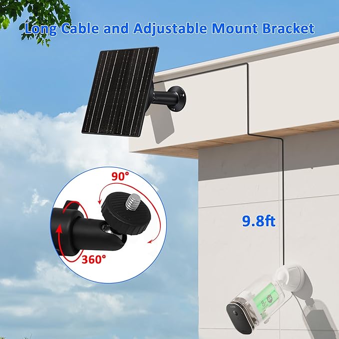 Zivif 10W Solar Panel for 5V/12V Security Camera &amp Trail Cameras Solar Charger with DC 5.5×2.1mm 4.0×1.7mm &amp 3.5×1.35mm &amp USB-C Connecter with 10400mAh Battery 360° Mount 9.8ft Cable