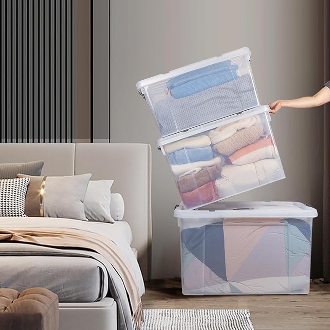 90 Quart 4-Pack Heavy-Duty Stackable Clear Storage Bins with Lids - Premium Clear Plastic Organizing Containers for Home Office Closet &amp Bathroom BPA-Free Secure Latches and Pull Handles