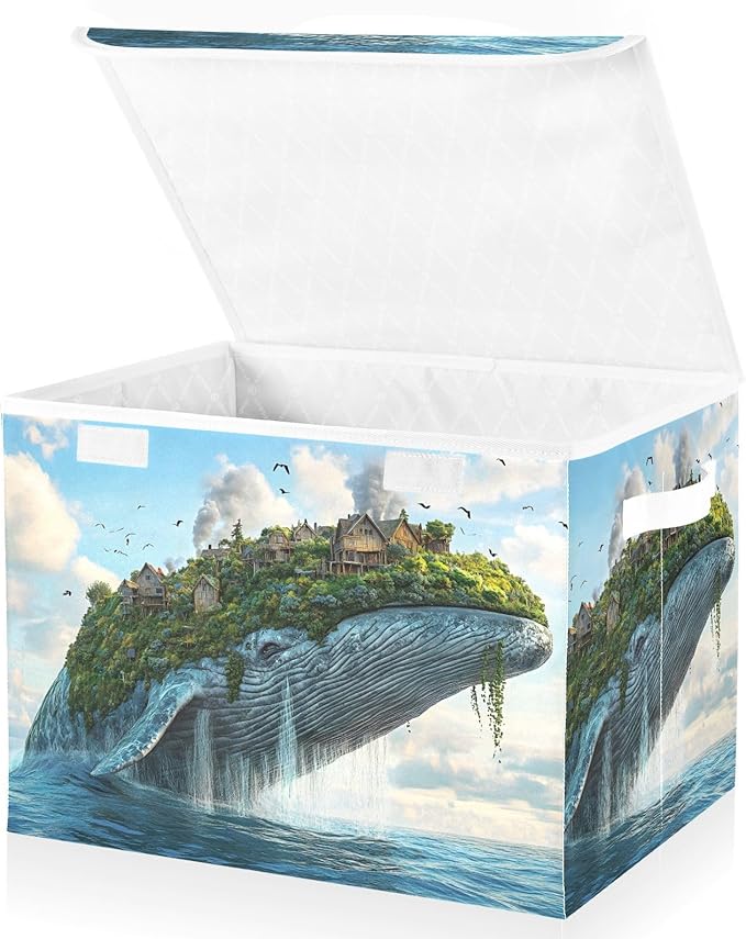 Storage Cube with Lid Surreal Whale Print 16.5×12.6×11.8 IN Collapsible Large Capacity Foldable Storage Basket Bin Organizer
