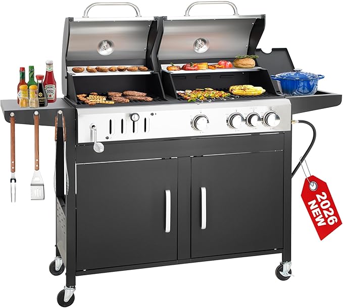 3 Burner Propane Gas and Charcoal Grill Combo with Side Burner &amp Porcelain-Enameled Cast Iron Grates 37000 BTUs 685 SQIN Dual Fuel Outdoor BBQ Grill for Patio Garden Picnic Backyard Barbecue Coo