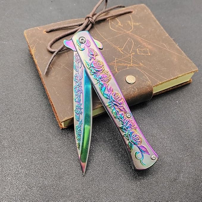 Folding Knives with 3D relief rose pattern 3.6 8Cr14Mov Steel Blade 8Cr14MovHandle Liner Lock Knife with Clip for Outdoor Camping Fishing Hunting (A3)