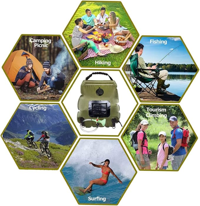 Solar Shower Bag Portable Outdoor Water Storage Shower Nozzle for Camping Hiking Beach Travel Olive Green Convenient Water Temperature Display Easy to