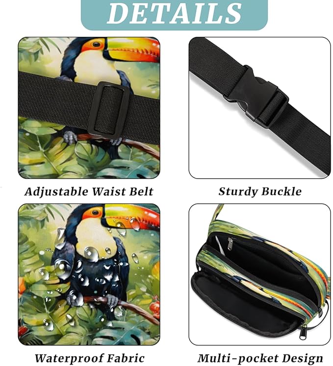 Tropical Leaf Flower Parrot Watercolour Waterproof Fanny Pack for Women Men Adjustable Waist Bag with Double Zipper Pockets Lightweight Square Hip Pack for Running Travel Hiking Workout Cycling