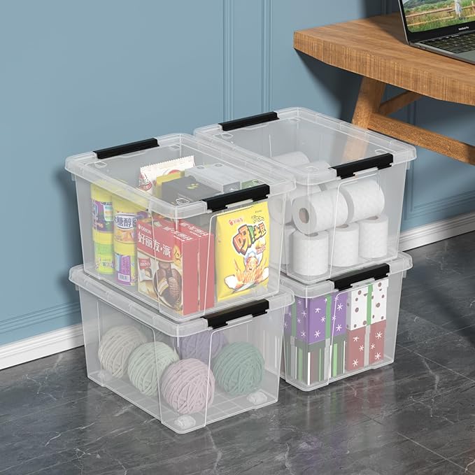 22 Qt Stackable Plastic Storage Bins with Lids 4 Pack BPA-Free See-Through Organizing Solution Latches Box Durable Nestable Containers Clear