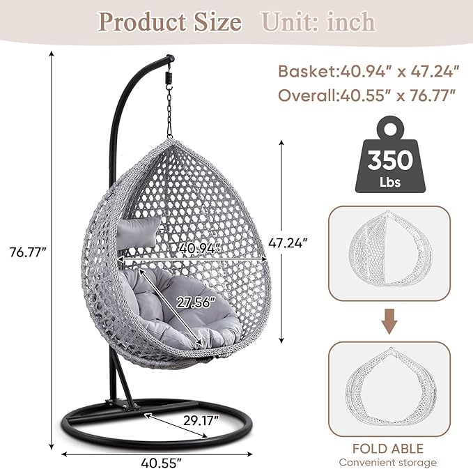 Hanging Egg Swing Chair with Stand Rattan Wicker Hanging Egg Chair Hammock Indoor with Cushions Swinging Chair for Bedroom Outdoor Patio Balcony Backyard Sunroom Heavy Duty 350LBS (Gray)