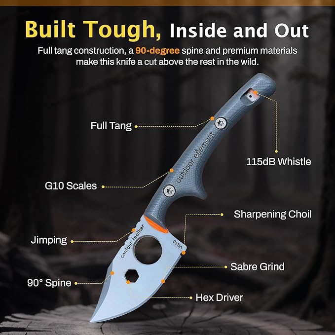 OUTDOOR ELEMENT Contour Feather Survival and Culinary Knives – VG10 Steel Fixed Blade with Fire Starter Hex Driver Knife Sharpener Sheath &amp Built in Whistle - Built For Camping &amp Outdoor Ad