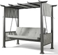 Pamapic 2-in-1 Convertible Porch Swing Bed 3-Seat Elegant Patio Swing with Wicker Armrests Outdoor Chair with Adjustable Canopy for Balcony Garden and Poolside Gray