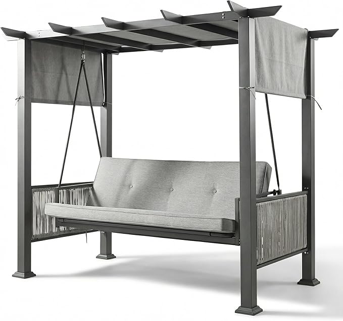 Pamapic 2-in-1 Convertible Porch Swing Bed 3-Seat Elegant Patio Swing with Wicker Armrests Outdoor Chair with Adjustable Canopy for Balcony Garden and Poolside Gray