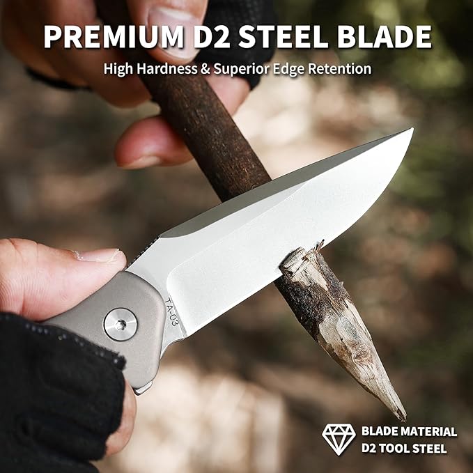Small EDC Pocket Knife for Men &amp Women - 3 Drop Point D2 Blade Titanium Handle with Button Lock &amp Pocket Clip | Small Slim Cool Folding Knife for Daily Carry Camping Hiking &amp Outdoor Us