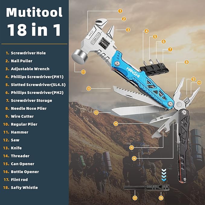 HANSHI Upgraded Adjustable Wrench Multitool Hammer with YG10 Tungsten Steel Replaceable Wire Cutters for Men18 in 1 Pocket Multi Tool Knife with Spring-Action Pliers for CampingSurvival (Blue)