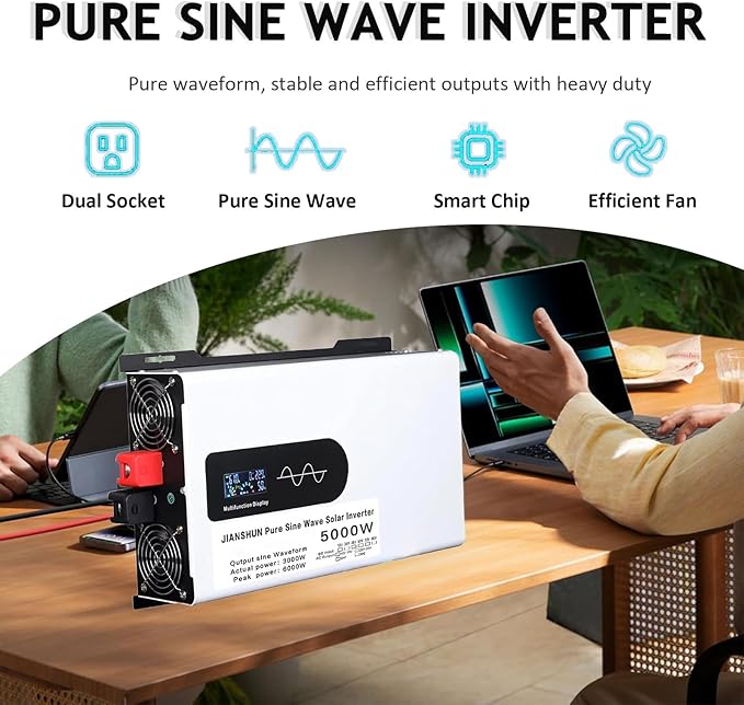 5000W Hybrid Solar Inverter 12V 24V 48V 60V 72V DC to 110V 220V AC Converter with LCD Screen Display Pure Sine Wave Inverter for Truck Home Vehicles Laptop Trip72V-5000W