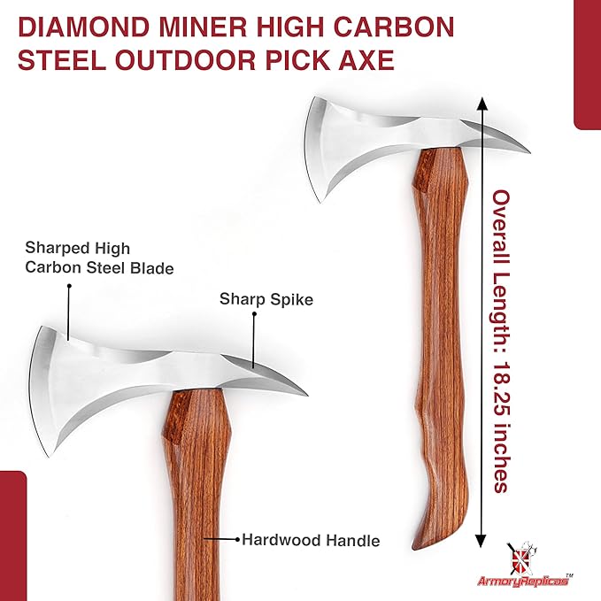 Armory Replicas™ Diamond Miner Pickaxe – 18.25 Hand Forged High Carbon Steel Camping Pickaxe with Sheesham Wood Handle