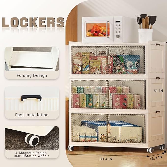 590QT Stackable Storage Bins with Lid147Gal Closet Organizers and Plastic Cabinets Shelves Collapsible Drawers with PET Clear Doors Foldable Boxes with Wheels for Home Office 3Pack
