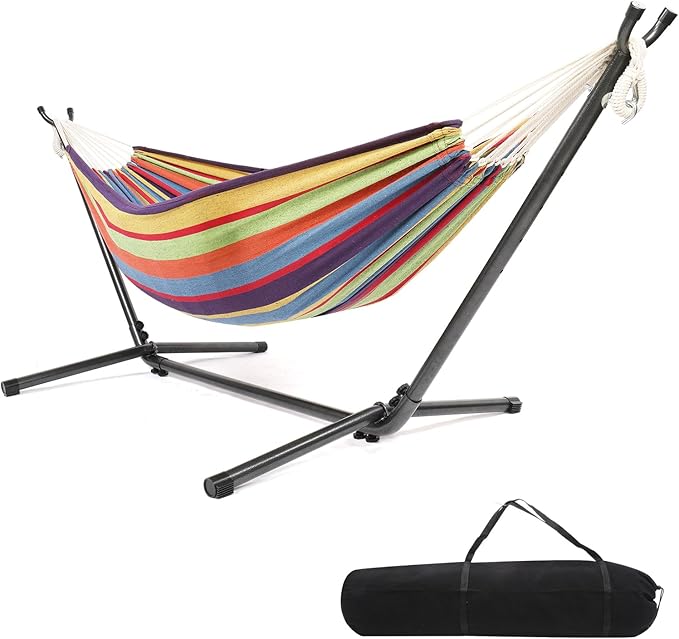 ONCLOUD 550 LBS Capacity Double Hammock with Stand Included with Portable Carrying Bag Heavy Duty 2-Person Hammock for Outdoors &amp Indoors - Desert Stripe Series TDCTZ1 - Rainbow Stripe
