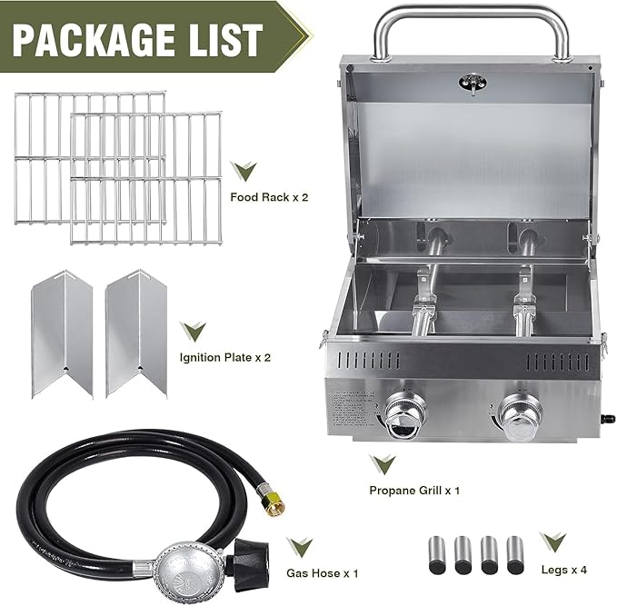 Llamaviva 2-Burner Tabletop Gas Grill with Outdoor Table Portable Stainless Steel Cooking Station with Storage Shelves Hooks and Locking Wheels for Tailgating Camping &amp Backyard BBQ