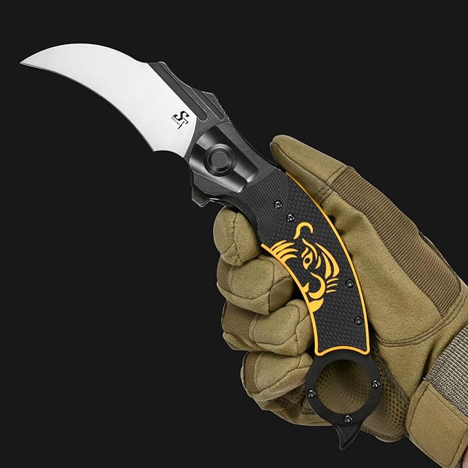 Sitivien ST164 Folding Pocket KnifeAUS-10 Steel BladeSteel Head CNC Precision Carving+G10 Handle EDC Tool Knife for Outdoor Survival Camping Hiking Fishing(Yellow)