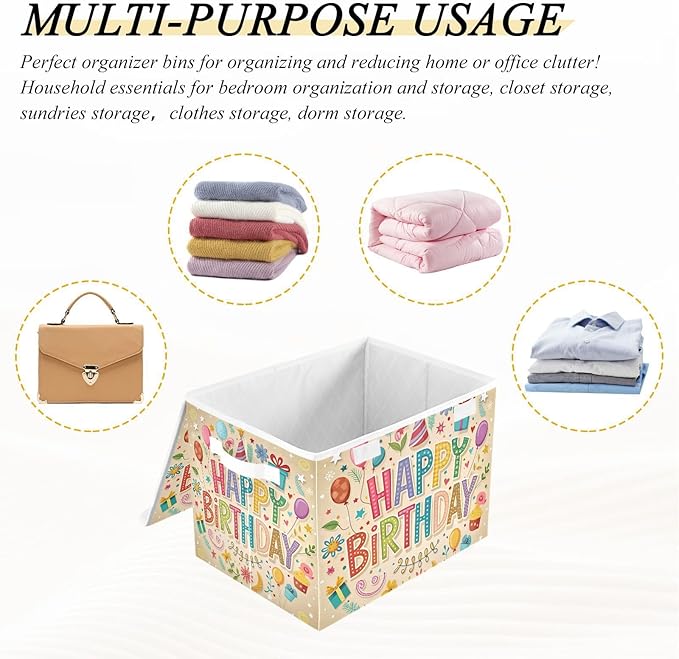 Happy Birthday Beige Large Storage Bins with Linen Foldable Storage Cubes Fabric Closet Organizer Containers box with Flip-Top Lid for Home Office Closet 16.5” x 12.6” x 11.8”