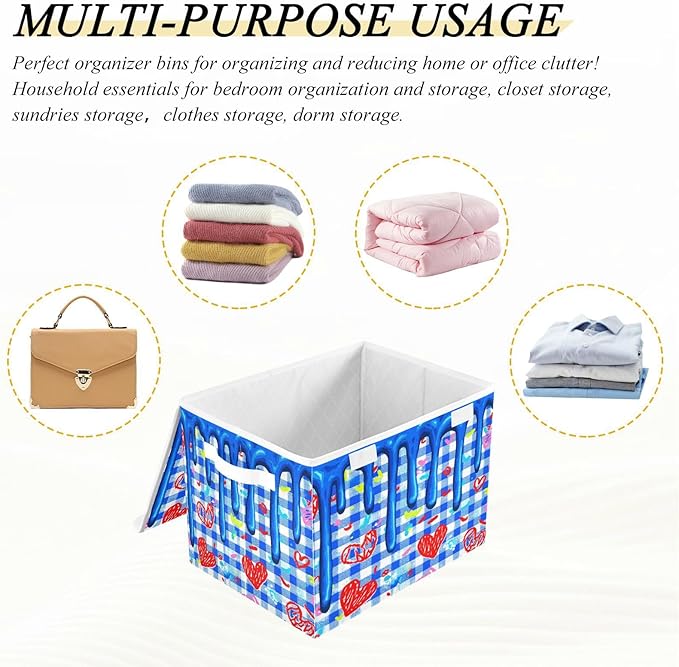 Storage Bins With Lid Stackable Fabric Closet Organizer Clothing Storage Large Boxes For Closet Shelves Bedroom Blue Checks Hearts Meltingicecream Splashes