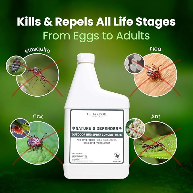 Nature's Defender Outdoor Pest Control Spray – All-Natural Cedarwood Oil Formula for Mosquitoes Ticks Fleas and Ants – Safe for Pets Kids and Plants – 32 oz Concentrate Treats 40000 sq. ft