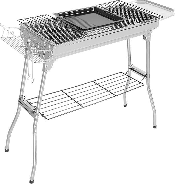 LEADZM Stainless Steel Barbecue Grill BBQ Charcoal Foldable &amp Portable Grill Great for Outdoor Cooking Camping Hiking Picnics Tailgating Silver 39.3×12.2×27.9