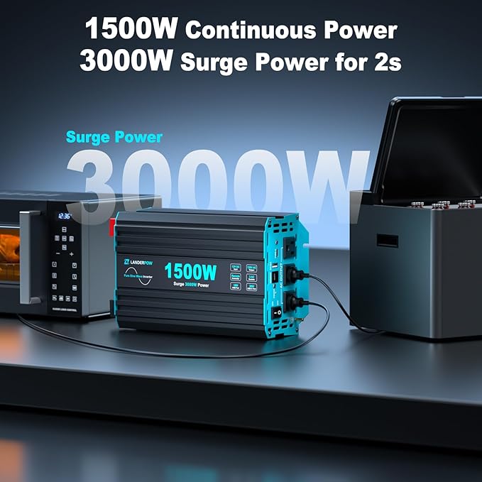1500 Watt Pure Sine Wave Inverter 12V DC to 120V AC Inverters for Car RV Truck Home Camping Solar Power Inverter with 3 AC Outlet 30W USB-C 5V 3.1A USB Remote Control Surge 3000W